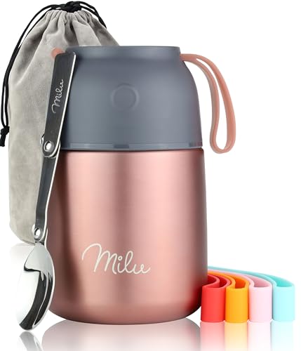 Milu Boîtes Alimentaires Isothermes 450 ml Boîte Isotherme Repas Chaud Porte-Aliments en Acier Inoxydable à Double Couche, Cuillère Pliante pour Ecole, Bureau (450ml/Or rose)