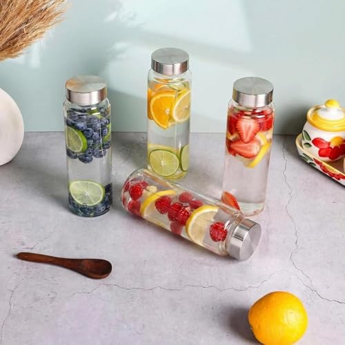 Image of CROCO JAR Wide Mouth Glass Water Bottle with Leak-Proof Airtight Double Layer Stainless Steel Lid for Water, Smoothie, Juices (500ML STEEL PK4)
