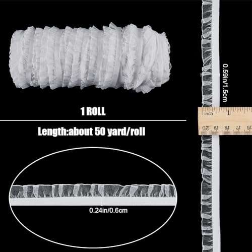 GORGECRAFT 50 Yards Elastic Ruffle Lace Trim 1.5cm Chiffon Pleated Stretch Ribbon Frilly Lace Fabric Gathered Edging Trimming for Hair Tie Headband Lingerie Underwear Sewing Crafts Home Decor White - Image 2