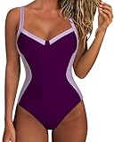 SUUKSESS Womens Tummy Control Slimming One Piece Swimsuits Sexy V Neck Crisscross Back Bathing Suits Push up Swimwear(Purple Colorblock,Large)