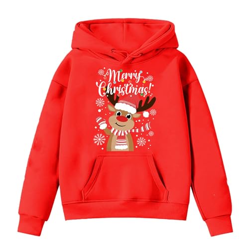 Generisch Sudadera con capucha minimalista y casual con estampado navideño de reno, manga larga, ajuste holgado, suéter grueso para niños, rojo, 8-10 años