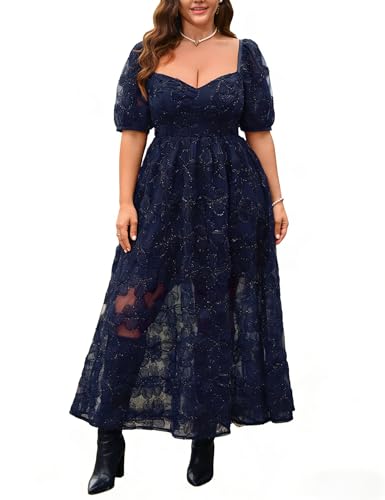 Image of EYWOL Formal Wedding Guest Cocktail Party Floral Embroidered Dress M-3XL | Embroidered,Floral,Sheer A-Line,Maxi,Sweetheart Neckline,Puff Sleeves,Tie Back, Parties,Wedding,Formal,Cocktail,Occasions