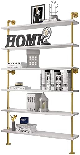 BOSURU Gold Wall Bookshelves with White Shelves Rustic Industrial Ladder Bookshelf, Industrial Pipe Shelf for Living Room Decor and Storage, Gold Bookcase
