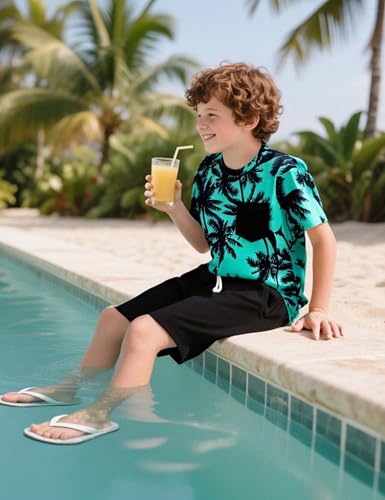 Image of GERU Boy Shorts Sets Hawaiian Outfit Kid Leaves Floral Short Sleeve Shirt Top+shorts Suits