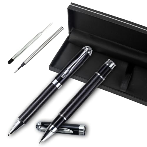 YUN CHUN 2PCS Luxury Carbon Fiber Ballpoint and Rollerball Pen Set, Medium Point Liquid Black Ink Pens with 2 Extra Refills, Retractable Ball Pen for Writing, Best Pen Gift Set for Men & Women