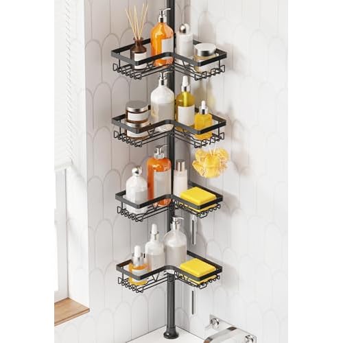KEGII Teleskop Duschregal Teleskopregal Bad Duschablage Eckregal für Dusche und Badewanne Schwarz, 4 Stück - Teleskopregal Badezimmer Organizer