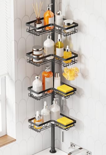 KEGII Etagere Douche - Etagere Telescopique Douche Sans Percage, Tablette d'Angle Réglable en Hauteur avec 4 Paniers, Noir