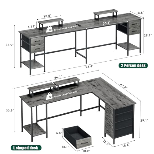 66" L Shaped Computer Desk, 94.4'' Home Office Desk with Power Outlets, 4 Adjustable Storage Drawers & 2 Monitor Stands, Large Two Person Gaming Table for Writing Study, Grey