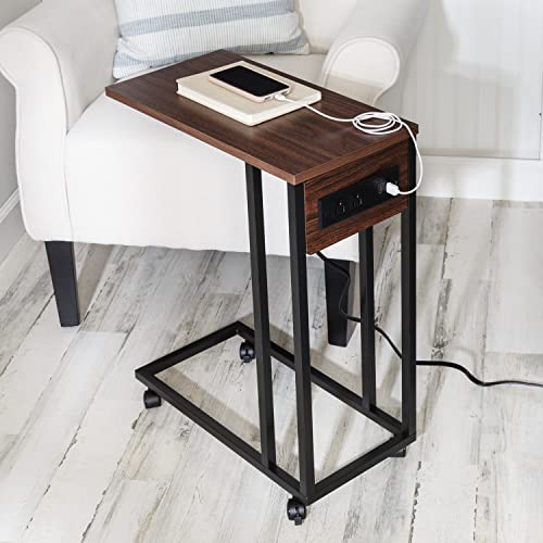 Honey-Can-Do C-Shaped Side Table With Outlets And Wheels, Walnut/Black Tbl-09548 Walnut 20 Lbs #TOP13