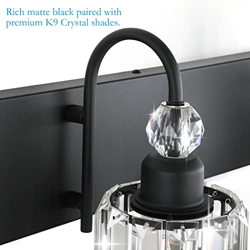 Image of Ralbay Modern Crystal Black 5-Light Bathroom Vanity Light, Matte Black Crystal Bath Wall Light Fixtures