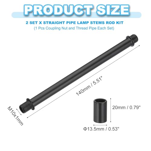 Image of PATIKIL Straight Pipe Lamp Stems Rod Kit, 2 Set M10 Carbon Steel 140mm(5.51 inch) Long Double End Thread Rod with Coupling Nuts Sleeve Connector for Table Lamps Chandeliers,Black