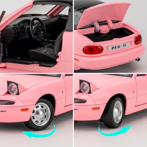 Image of 1:24 Mazda Miata MX-5 Pink Model Toy Car with Pullback, Removable Top, Blinking Lights with Sound and Bright Lights