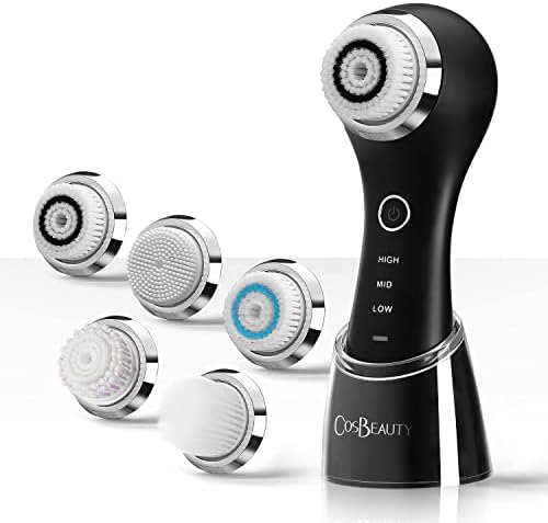 COSBEAUTY Sonic Facial Cleansing Brush Gentle Exfoliator Deep Cleansing Brush Electric Face Scrubber with 5 Brush Heads, IPX7 Waterproof, Wireless Rechargeable, 3 Speeds Adjustment (Black)