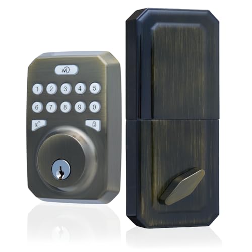 MiLocks Keyless Entry Door Lock with Keypad - Keyless Deadbolt for Front Door - Pin Pad Door Lock w/Up to 6 Codes Back-Lit Keypad Easy Installation for Household & Rental Spaces Antique Brass