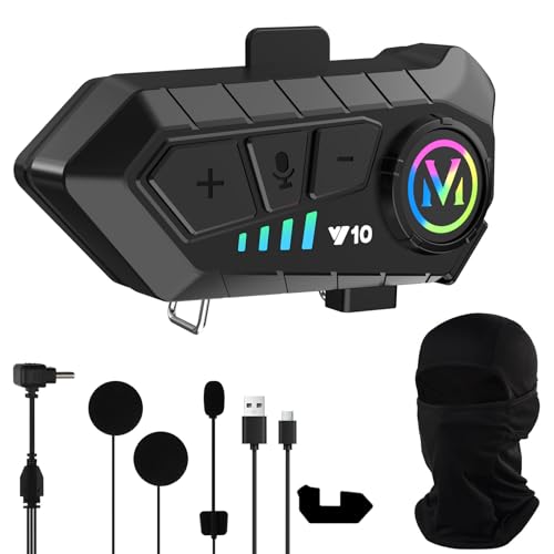 LPQKCcY Motorcycle Helmet Speakers with Balaclavas, Motorbike Bluetooth Headset with Mic Dual Noise Reduction Riding Headphone IPX6 Waterproof/RGB Light/Music Control/AI Voice