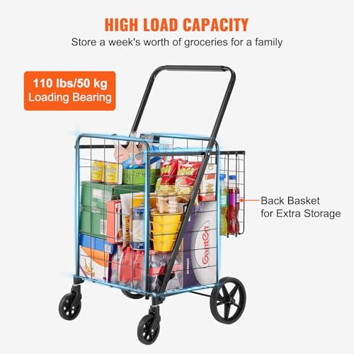 Folding Shopping Cart, Jumbo Grocery Utility Cart with Double Baskets, 110 lbs Capacity, 360° Swivel Wheels, Portable Utility Trolley for Laundry, Shopping, Grocery, Luggage, Black - Thumbnail 4
