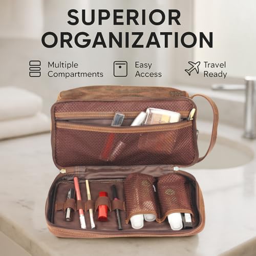 RUSTIC TOWN Leather Toiletry Bag - Waterproof Ditty Kit for Men and Women, Travel Organizer for Full-Size Essentials, TSA Approved