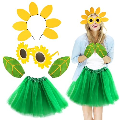 Beelittle Funny Sunflower Costume Headband Glasses Leaf Glove Tutu Performance Props for Women...