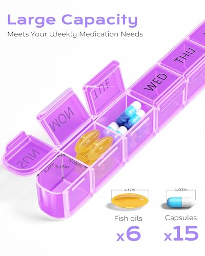 Daviky Weekly Pill Organizer – Large 7 Day Pill Box, Travel Pill Case, Daily Pill Dispenser for Vitamins, Medicines, Supplements, and Fish Oil(Purple)