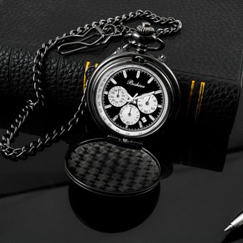Image of BOSHIYA Smooth Quartz Pocket Watches for Men Multifunctional Chronograph Classic Vintage Mens Womens Pocket Watch with Chain Christmas Graduation Birthday Gifts Fathers Day