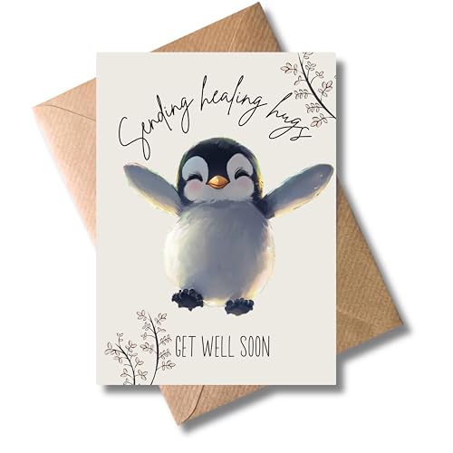 WBdesignz Gute Besserung Karte mit Umschlag - Trostkarte “Get well soon” Positive Gedanken Aufbauende Sprüche Karten Pinguin Umarmung Karten zum Aufmuntern (Din A6)