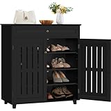 Yaheetech Shoe Cabinet, 4-Tier Shoe Storage Cabinet with Drawer & Adjustable Shelves, Wooden Shoe Rack Organizer with Louvered Doors for Entryway, Hallway, Closet, Living Room, Black