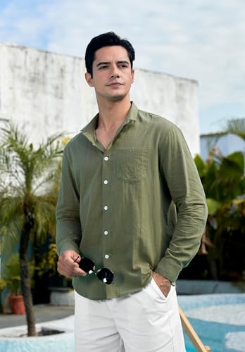 Enlision Leinenhemd Herren Hemd Langarm Baumwolle Leichtes Sommerhemd Freizeithemd Regular Fit Henley Shirt mit Brusttasche – Bild 5