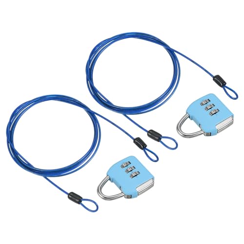 Image of PATIKIL Security Steel Cable with 3 Digit Combination Lock, 2 Set Travel Padlock 6.6Ft Coated Safety Wire Rope Double Loop for Luggage Suitcase, Sky Blue