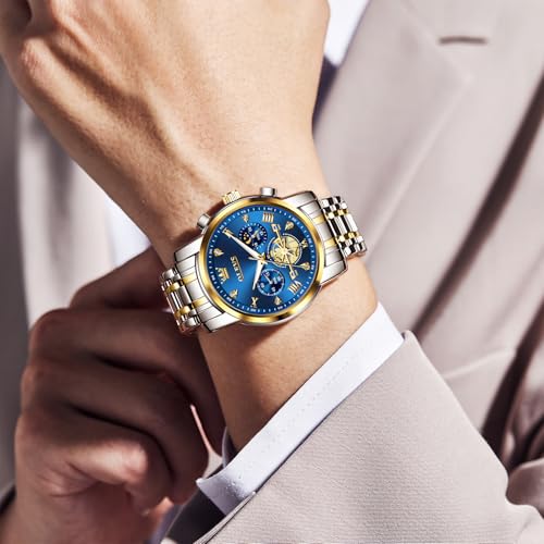 Image of OLEVS Men Watches Stainless Steel Chronograph Watch, Large Wrist Analog Quartz Watch, Fashion Waterproof Diamond Roman Numerals Dress Watches for Men, Gold /Black /White /Blue /Grey Dial