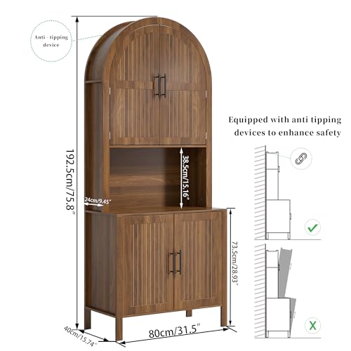 Image of 76 inch Tall Arched Kitchen Pantry,Large Storage Cupboard with Fluted Doors,Microwave Shelf,Modern Wooden Buffet Sideboard,Adjustable Shelves,Cabinet for Dining,Living Room,Walnut