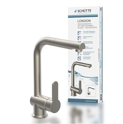 Schütte London Grifo de Cocina con rociador extraíble, Grifo de Cocina Giratorio 360 Grados, Grifo Mezclador con Monomando, Mezclador de Fregadero con Aspecto de Acero Inoxidable, Acero Inoxidable