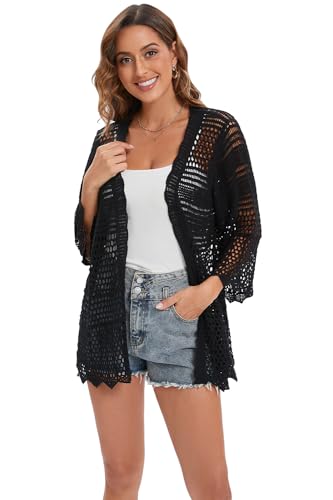Crochet Cardigan for Women 3/4 Sleeve Open Front Lightweight Lace Boho Cover Up4