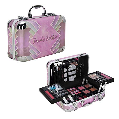 VER Beauty Makeup Case, Lockable Box, Makeup Mirror Travel case, Makeup Train Case, Eyeshadow, Blush, Lipstick, Nail Polish, Brushes, Gifts for Teenage Girls, Cosmetic Organizer (Pink & Purple)