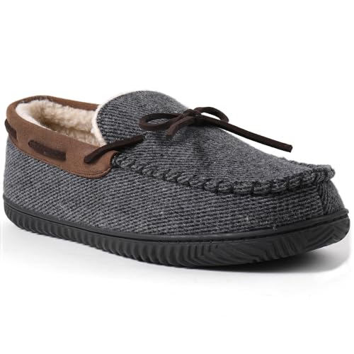 ULTRAIDEAS Men's Comfort Moccasin Slippers Memory Foam House Shoes with Nonslip Rubber Sole (Grey, UK Size 9/EU Size 43)