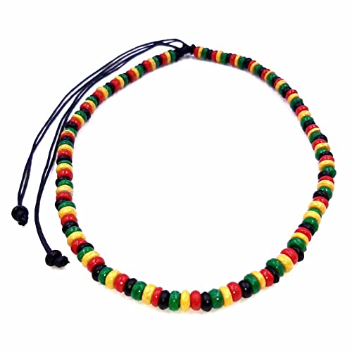 Générique Collier surf surfeur Coco Ethnique bois perles Tour de Cou Tribal Pendentif Homme Femme Enfant Rasta Reggae Jamaique rouge vert jaune