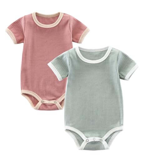 Image of Ekkimy Baby Bodysuit Unisex Baby Bodysuit Romper 2-Pack Pink&green 9-12Months