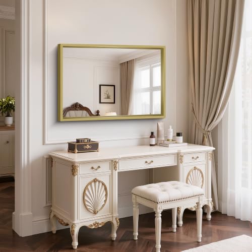 Image of Bathroom Mirror, 30 x 42 inch Natural Wood Grain Colored Aluminum Metal Frame Bathroom Vanity Mirror, Rectangle Wall Mirror for Bedroom Living Room, Tempered Glass, Horizontal or Vertical