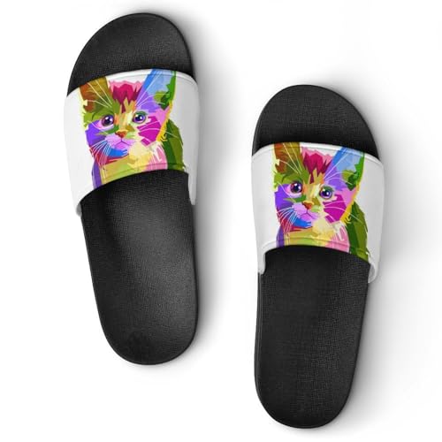Claquettes Femme Chat de Couleur Pantoufles de Bain Antidérapantes Sandales Maison Slide