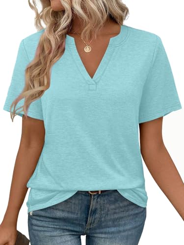 Image of WEESO Womens Tops Summer Short Sleeve V Neck Blouses Business Casual Loose Fit Tshirts Trendy Fashion Outfits