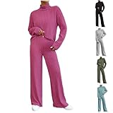 AnnSemo Conjunto de ropa de descanso para mujer, conjunto de 2 piezas de punto de punto de manga larga acanalada, jersey de cuello alto, casual, conjunto de pijama para mujer, pantalones de pierna