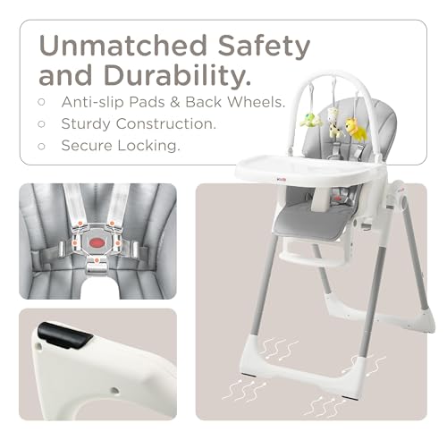 Image of KUB 3-in-1 Foldable & Portable Baby High Chair (Grey with Toys) | 7 Height & 4 Recline Adjustable High Chairs for Babies and Toddlers with Removable Seat & Tray for Easy Clean