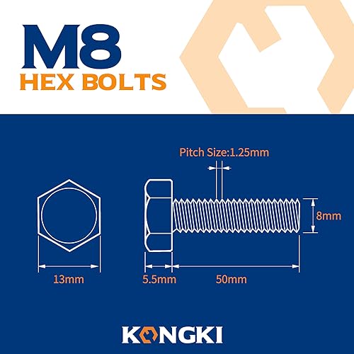 Image of M8-1.25 x 50mm Hex Head Screw Bolt, 18-8 (304) Stainless Steel, Fully Threaded, Plain Finish, Quantity 10