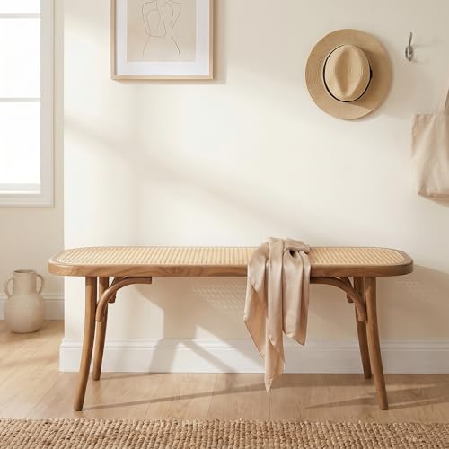 DM Furniture Farmhouse Wood Bench Seat Small Rattan Cane Bench Wicker Bench for End of Bed Living Room Entryway Foyer Indoor, Hand Woven