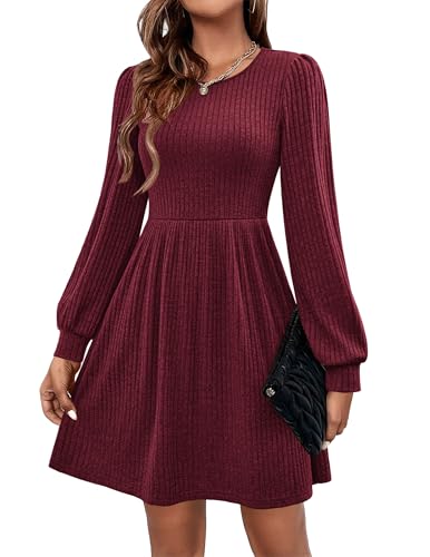 Hotouch Damen Kleider Herbst Strickkleid Langarm Kleid Knielang Herbstkleid Rundhals Pulloverkleid Knielang Winterkleid mit Taschen A-Linie...