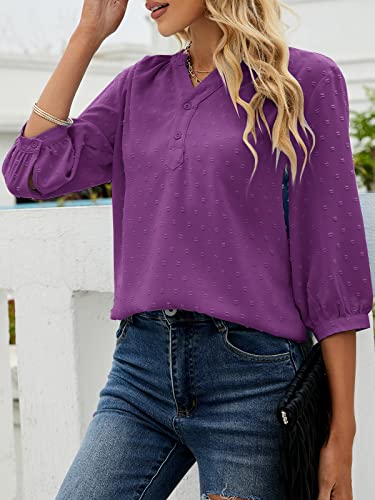Womens Summer V Neck 3/4 Sleeve Blouses Swiss Dot Tunic Tops Casual Button Shirts Purple #TOP2