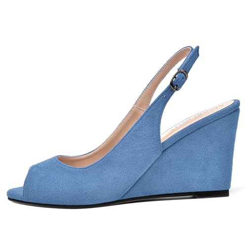 AMBELIGHT Womens Sexy Evening Buckle Suede Solid Slingback Peep Toe Wedge High Heel Pumps Shoes 3.3 Inch2