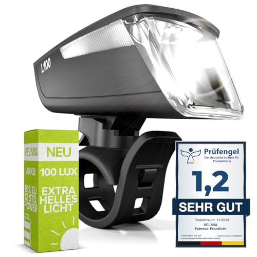 VELMIA Luz Delantera para Bicicleta homologada por StVZO con iluminación Especialmente Fuerte y 8,5 h de duración, luz LED para Bicicleta, Resistente a la Lluvia y Recargable, luz Frontal para