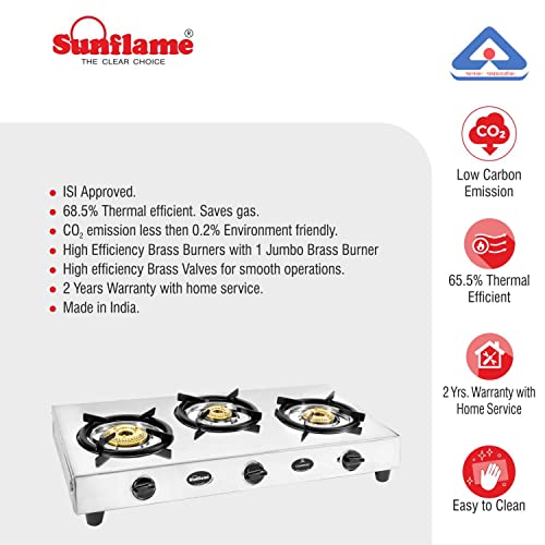 Compare SUNFLAME GAS STOVE CHAMPION 3 BURNER STAINLESS STEEL, Silver