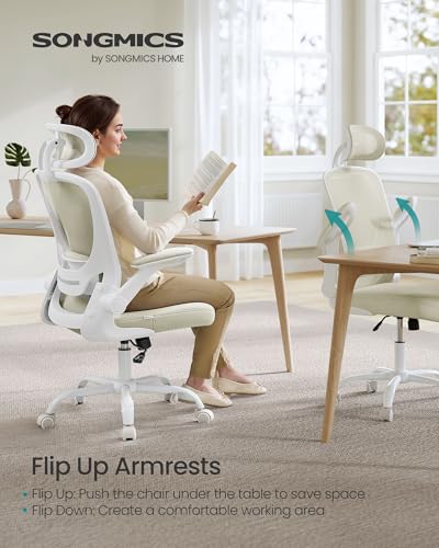 SONGMICS Office Chair, Mesh Swivel Chair, Ergonomic Lumbar and Head Support, Tilt Function, Wide Seat, Foldable Armrests, for Office Bedroom, Cappuccino Beige UOBN047K01 image 3
