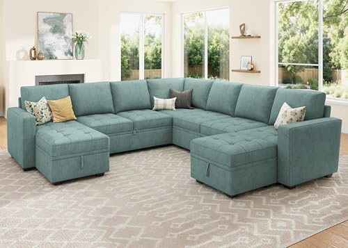 Image of HONBAY Modular Sectional Sleeper Sofa with Pull Out Couch Bed, U Shaped Couch with Storage, Sectional Couches for Living Room, Blue